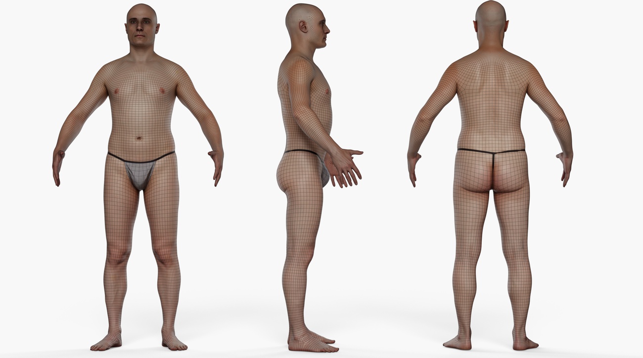Wireframe topology overlay of a male 3D body scan showing clean quad mesh and even edge loops